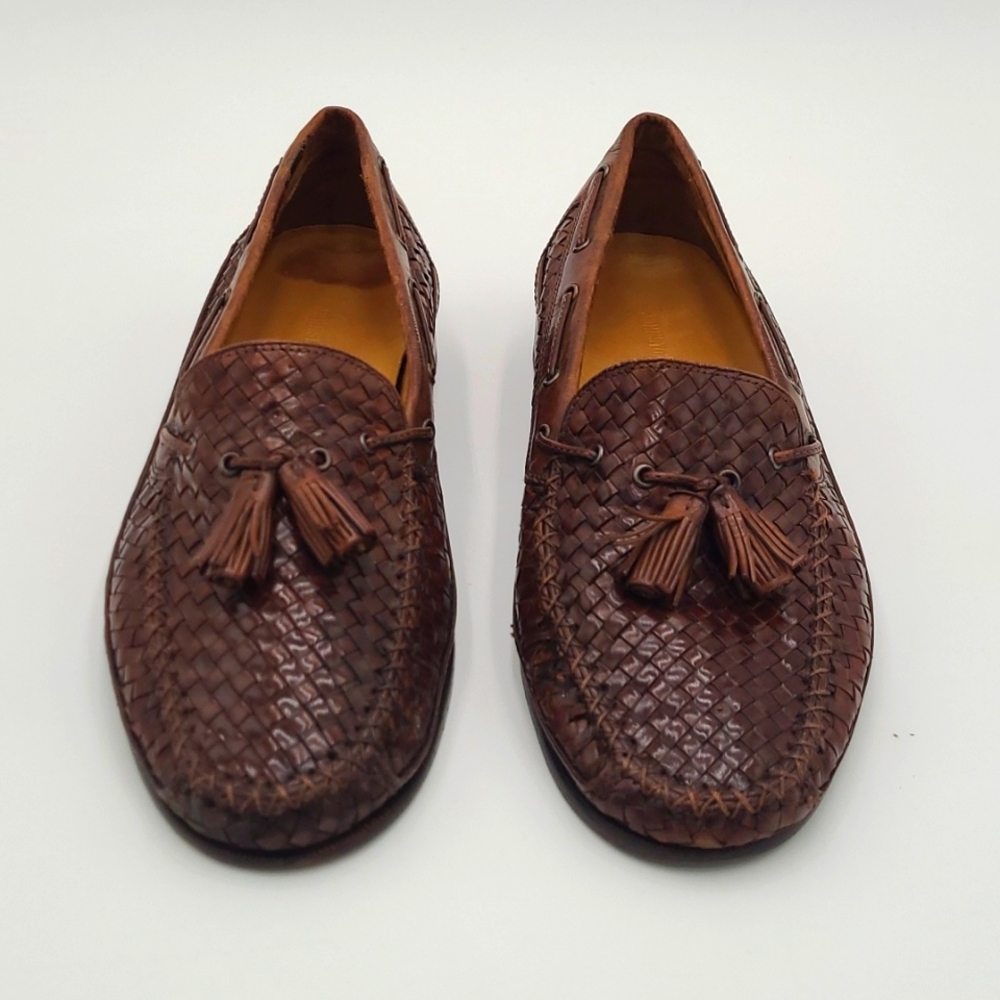 Men's Brown Woven Leather Tassel Loafers